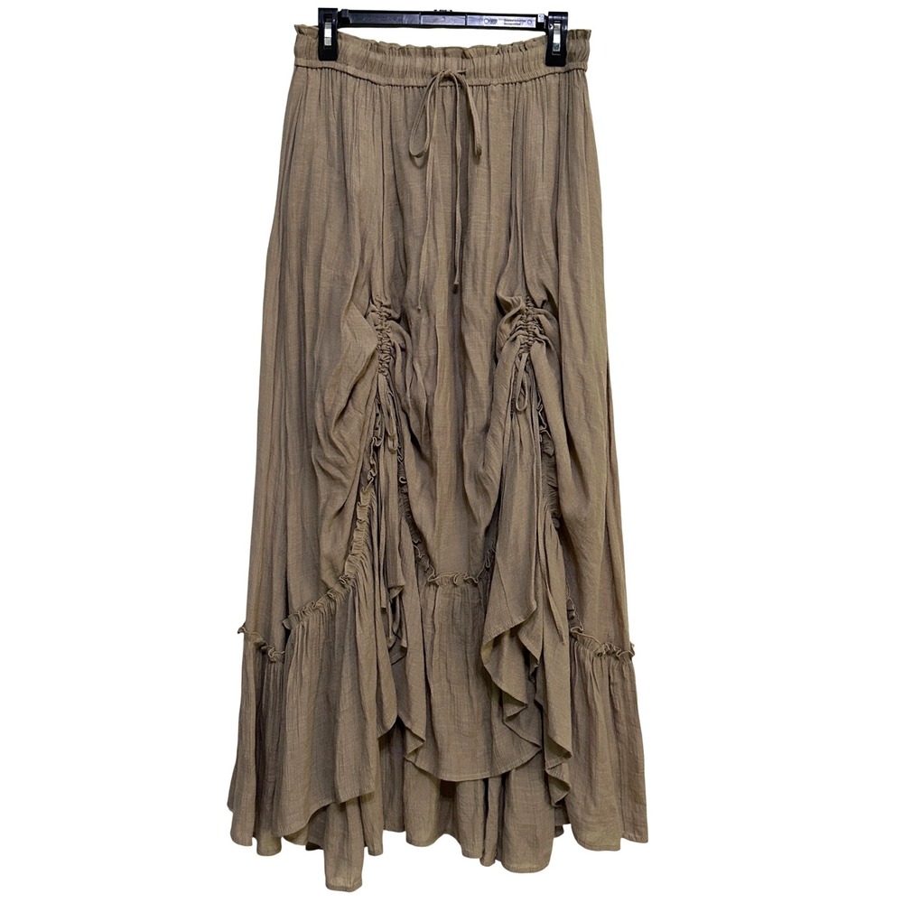 &merci Taupe Ruffle Ruched Maxi Skirt M Whimsigoth Boho Steampunk Fairy Grunge